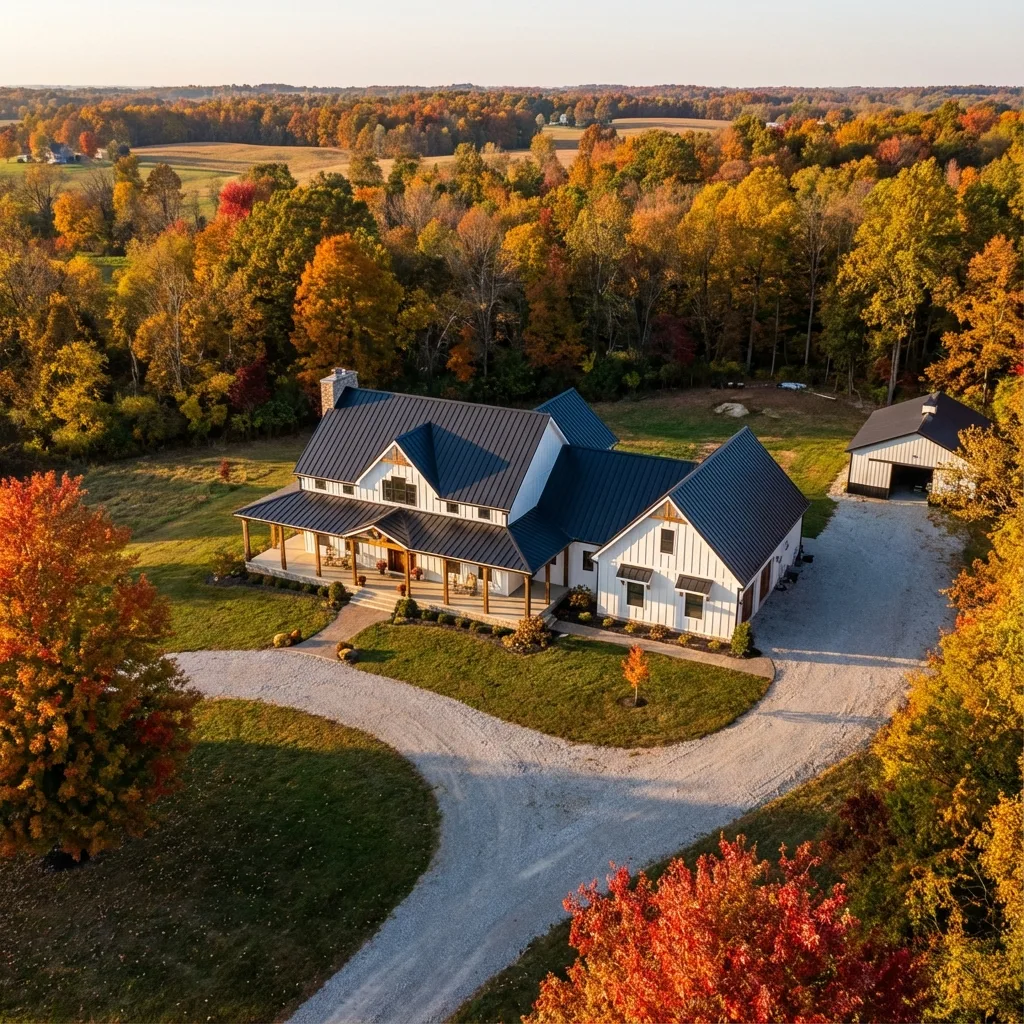 Historic Marietta riverfront estate captured at golden hour with aerial drone.