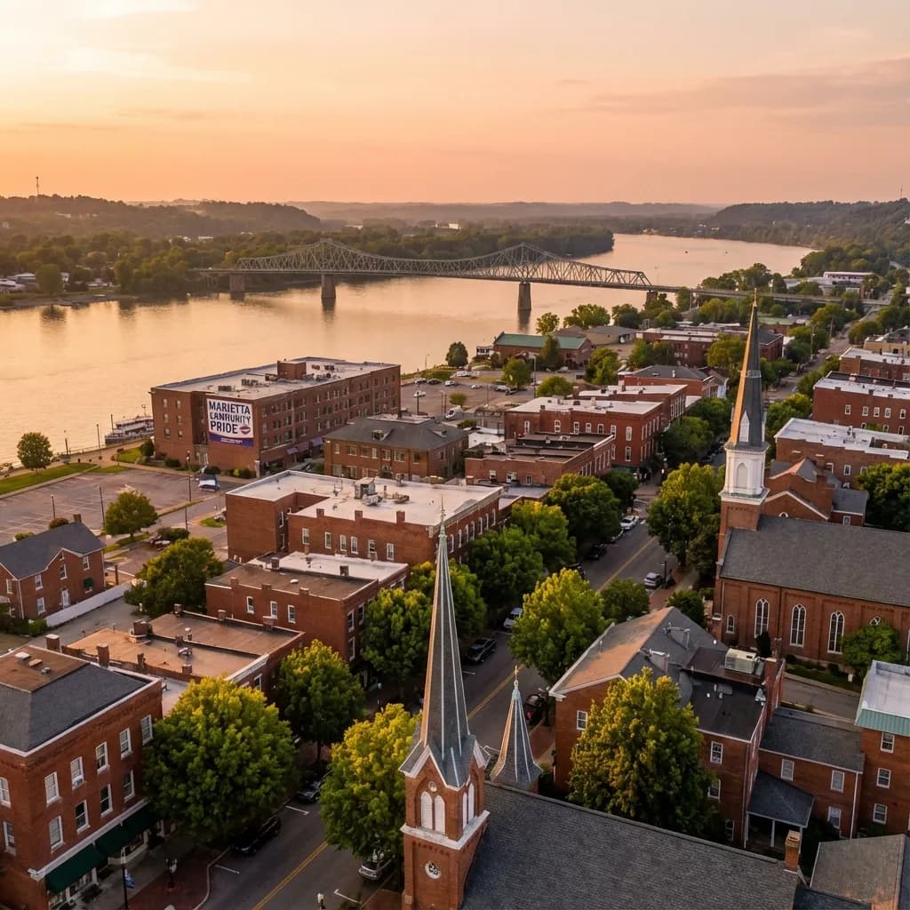 Aerial view of the Muskingum and Ohio River confluence at sunset.